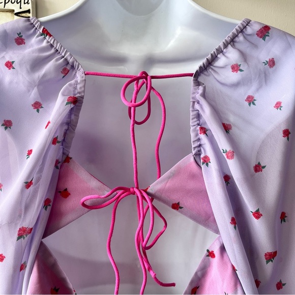 Glamaker Girlhood Purple Red Floral Print Corset Long Sleeve Crop Top Size L - Picture 8 of 9